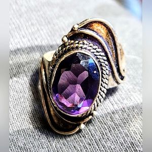Fantastic, Oval- Shaped, Faceted, Faux Amethyst Ring. 925 Sterling Plated.